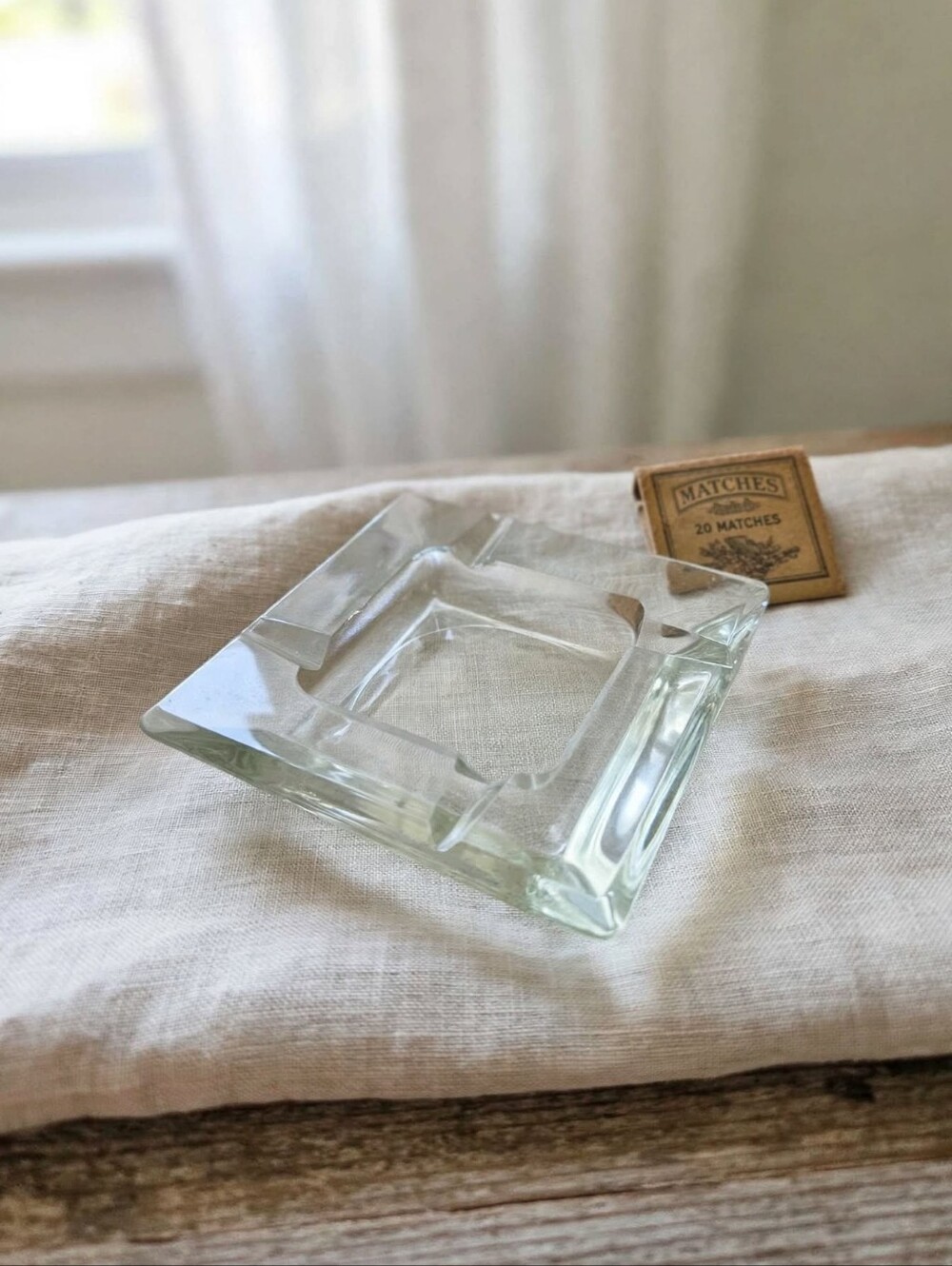 Vintage MCM Heavy Clear Glass Square Ashtray Trinket Dish